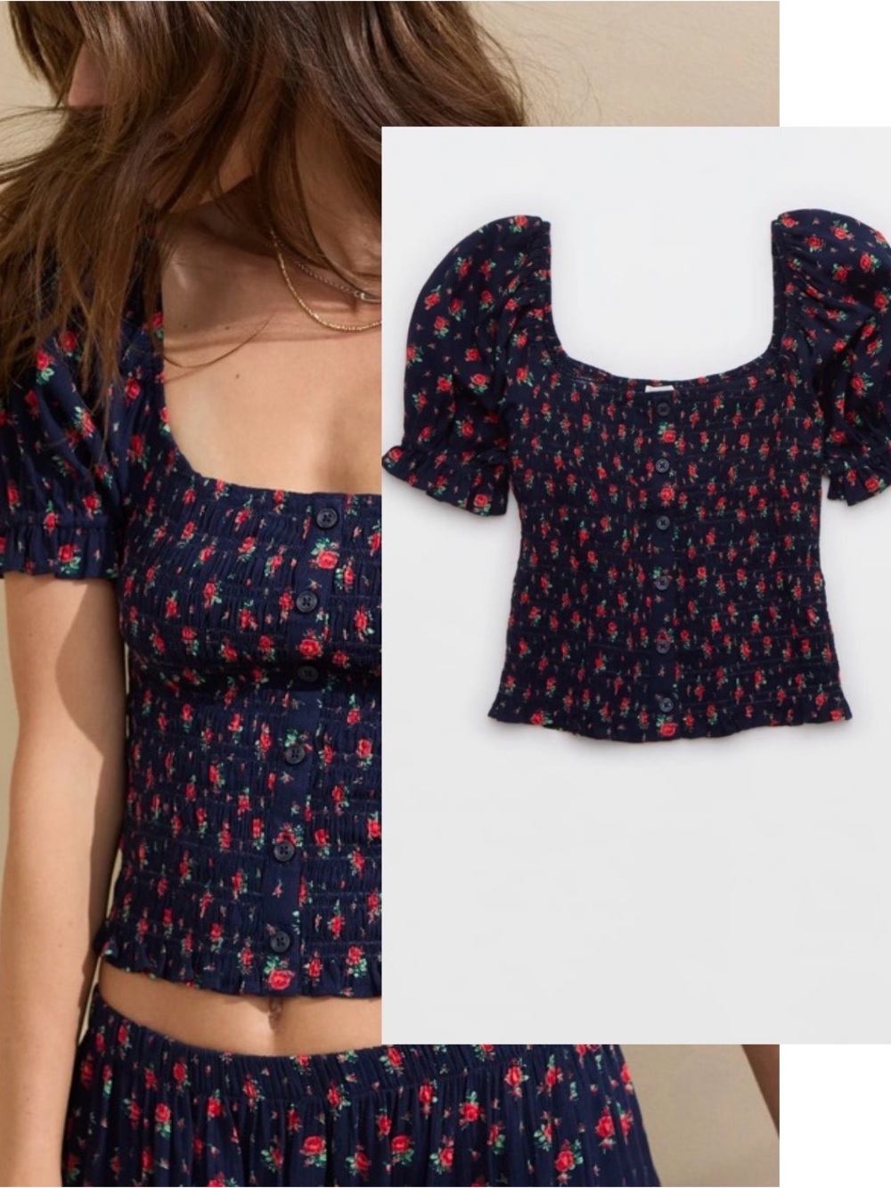 Aerie Smocked Floral Top Puff Sleeve Crop Cottagecore Coquette XS